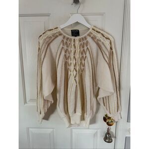 Vintage Newcomer White w/ Nude Satin Braid Crewneck Sweater sz M EUC